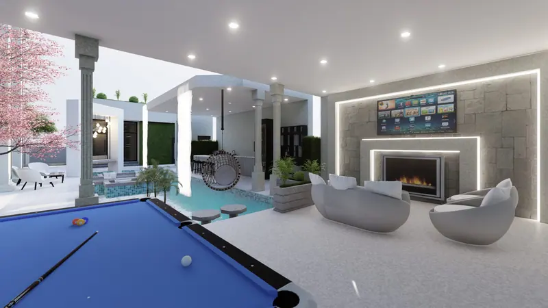 Landscaped courtyard with pool and planting at Demerara Estates